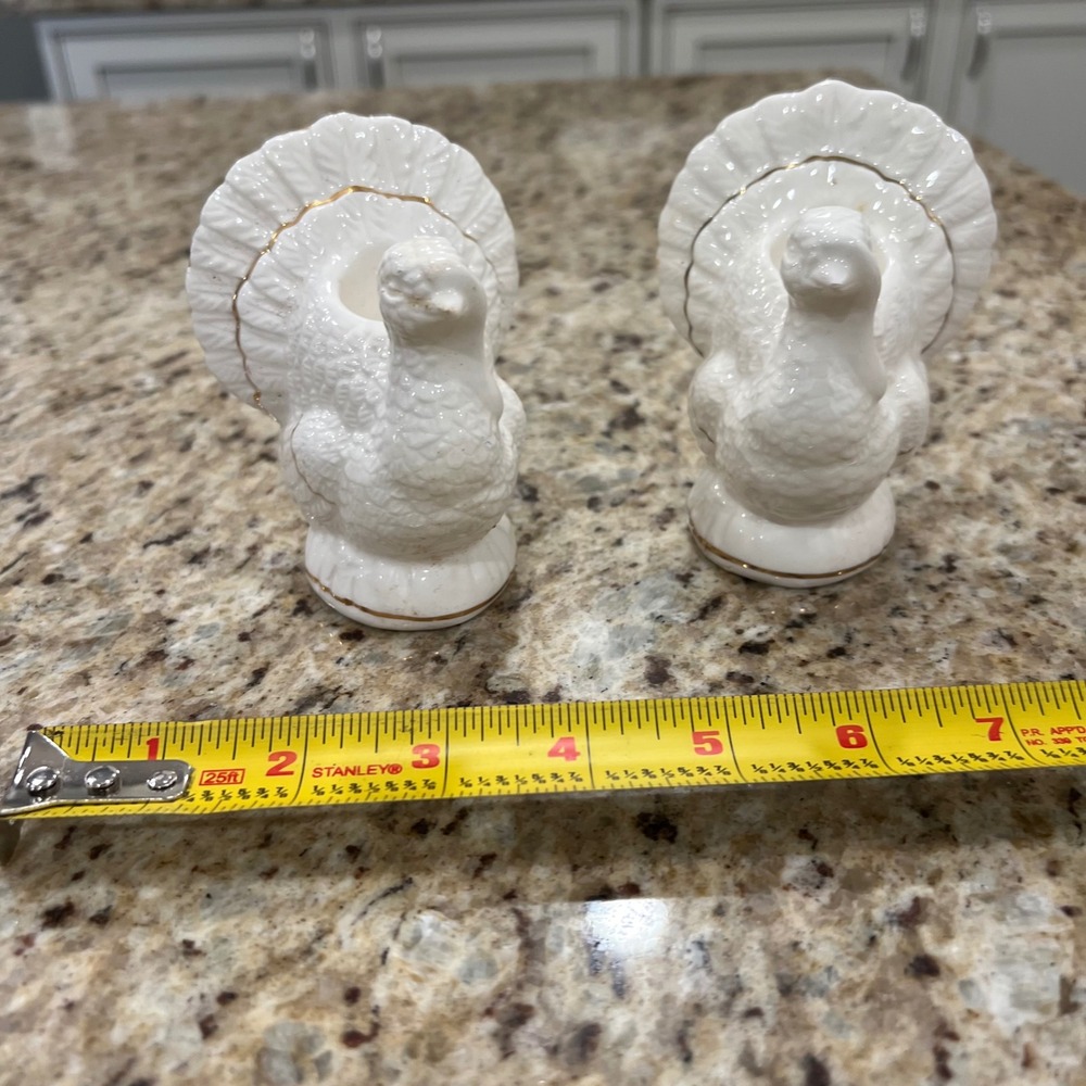 Vintage White Ceramic Turkey Candle Holders Gold Trim Thanksgiving Deco Set of 2